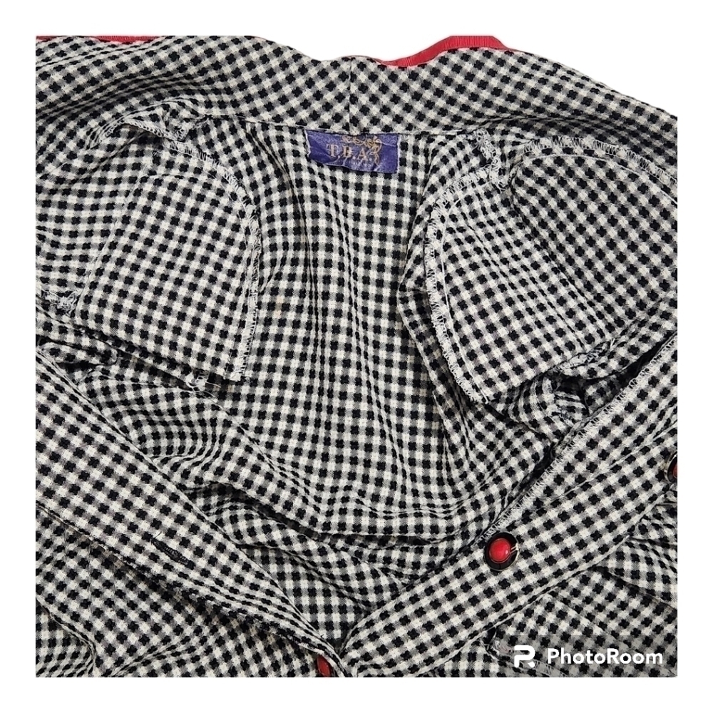 T.D.A black and white gingham button-down top/blouse with red trim and buttons. - Picture 7 of 10